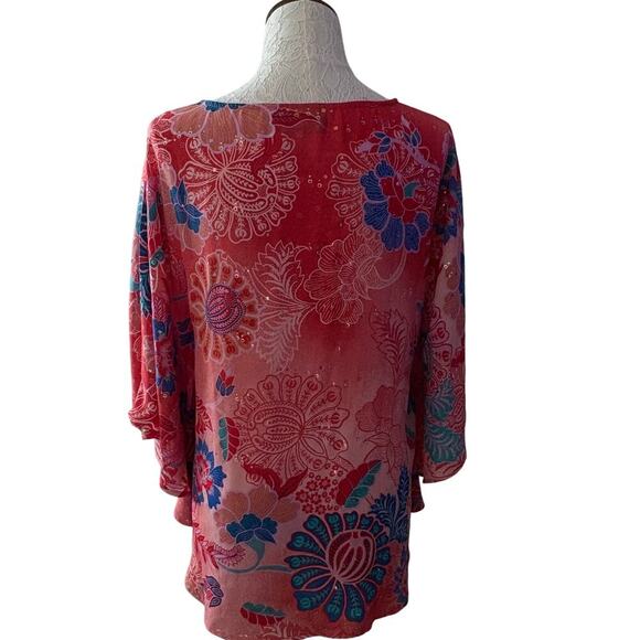 Bob Mackie Wearable Art sequin floral caftan top XS pink red blue dolman - Picture 10 of 13